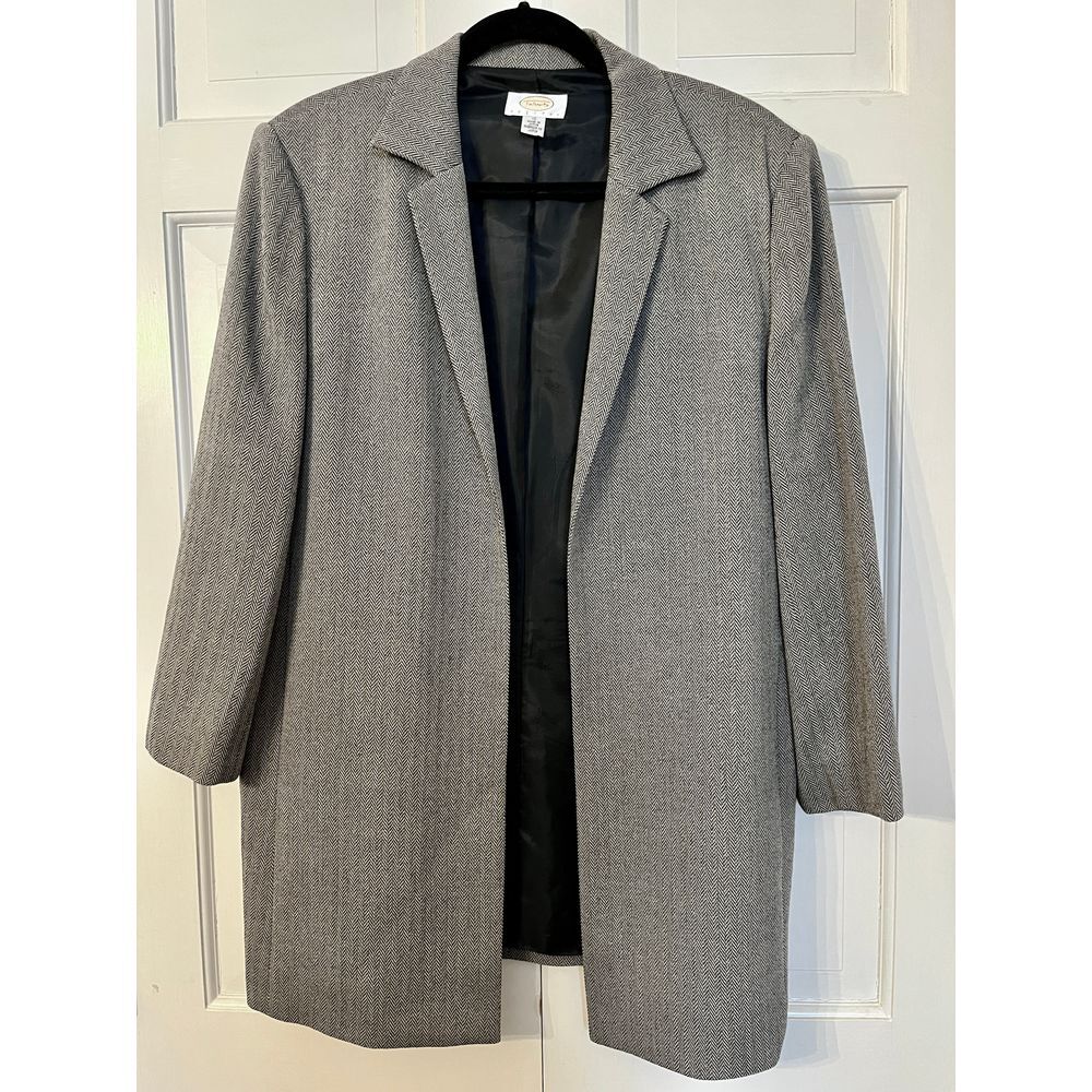 Talbots Petites Gray Herringbone Long Blazer Jacket Open Front Size 16